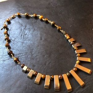Necklace Bib Fan Statement Tiger Eye Gold Hematite